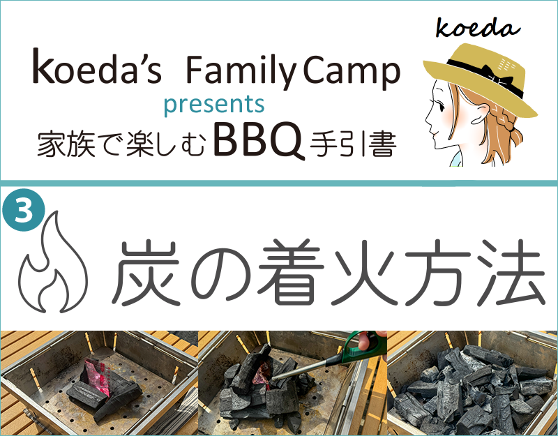koeda's FamilyCamp presents 家族で楽しむBBQ手引書「炭の着火方法」ページ